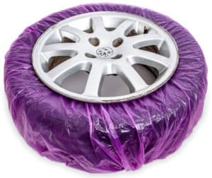 wheel wrapped in purple protective mask