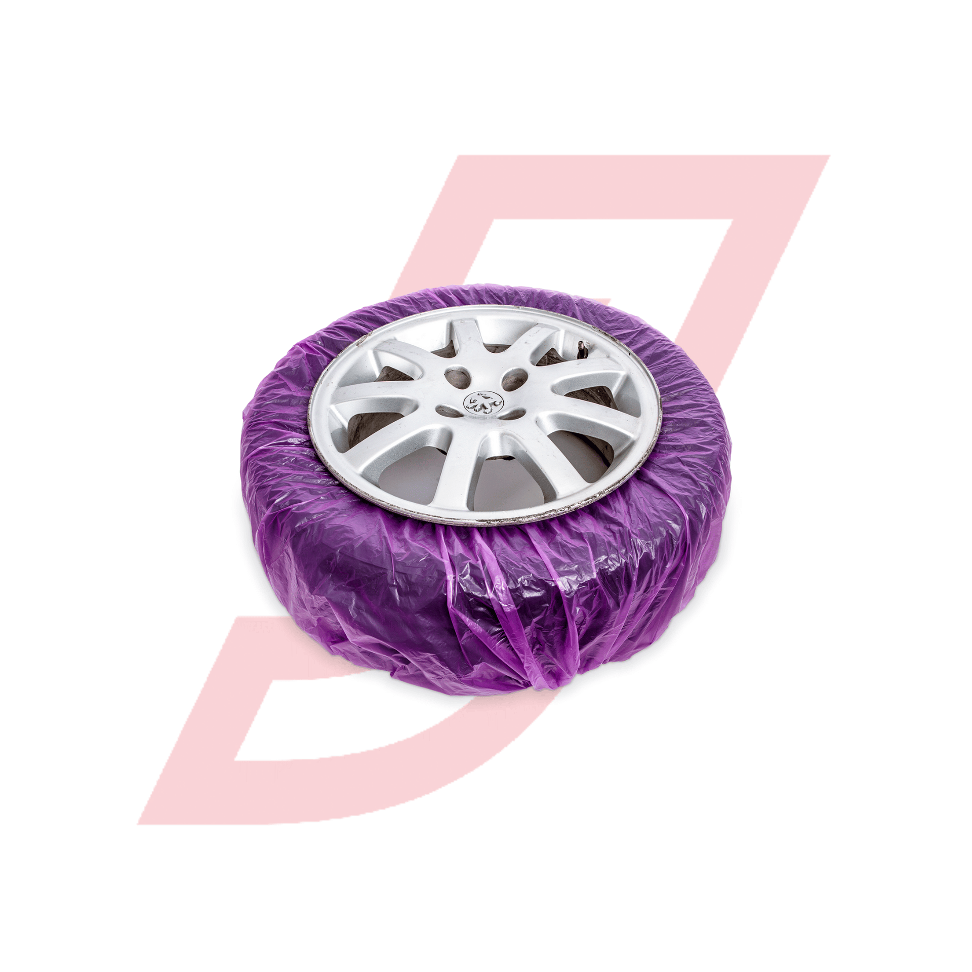 wheel wrapped in purple protective layer