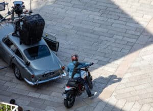 Matera, Italy – September 24, 2019: A closeup shot of Aston Martin DB5 while filming chase scenes of the movie "No Time to Die" in Italy