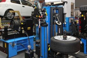 Interior of tyre repair shop service garage