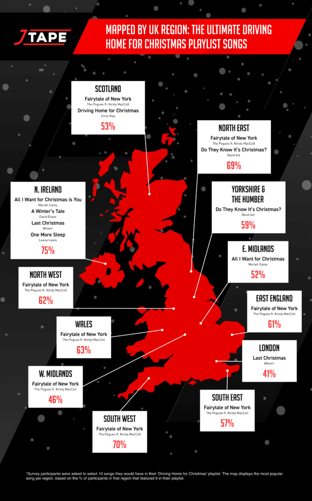 Mapped by UK region of what brits think are the ultimate driving home christmas playlists